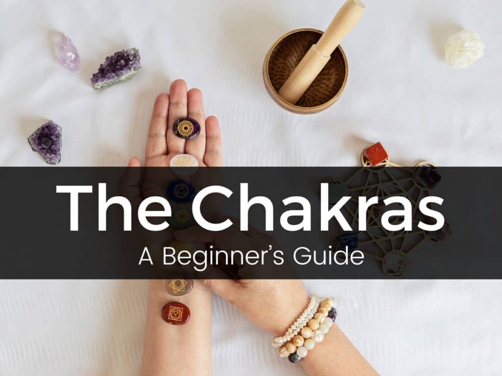 an open hand with chakra stones laying up the hand and lower arm representing the chakras