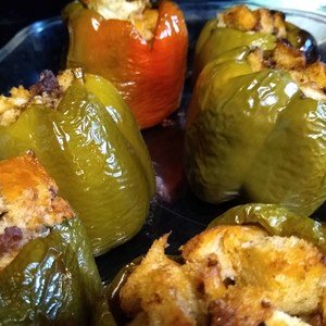 Stuffed Green Bell Peppers Recipe shown in a pan.