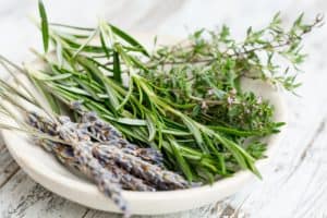 Learning plant medicine - dish with common herbs shown including thyme and lavender.