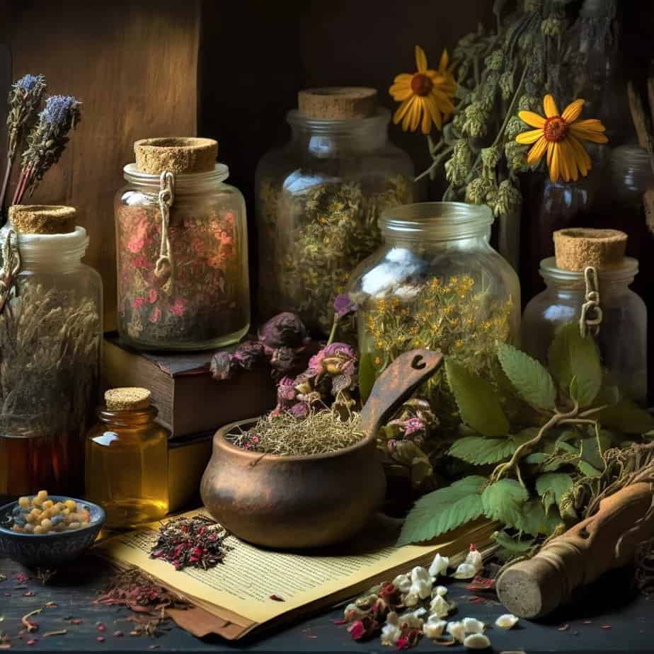 Home apothecary showing various jars, herbs and mortar and pestle on a tabletop.