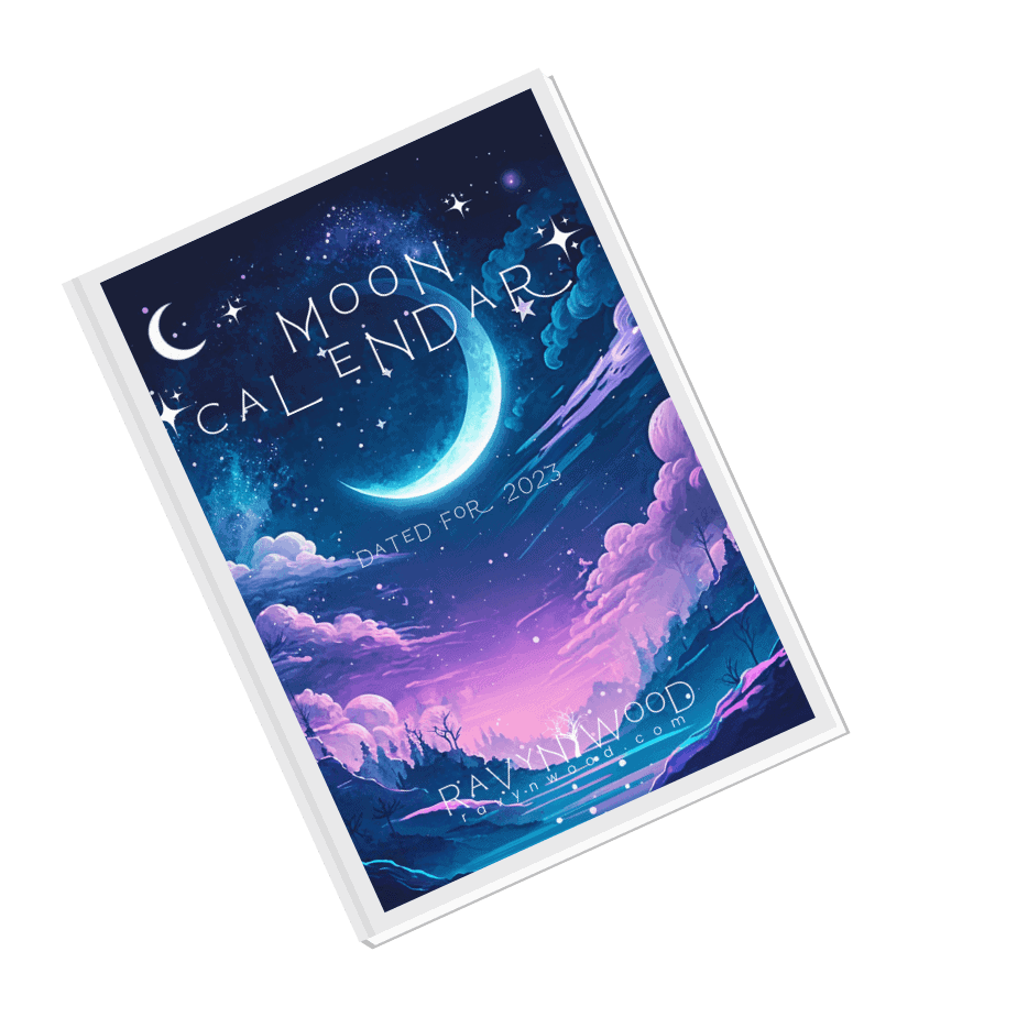 Free Moon Calendar 2023 - beautiful half moon with blue and purple landscape background.