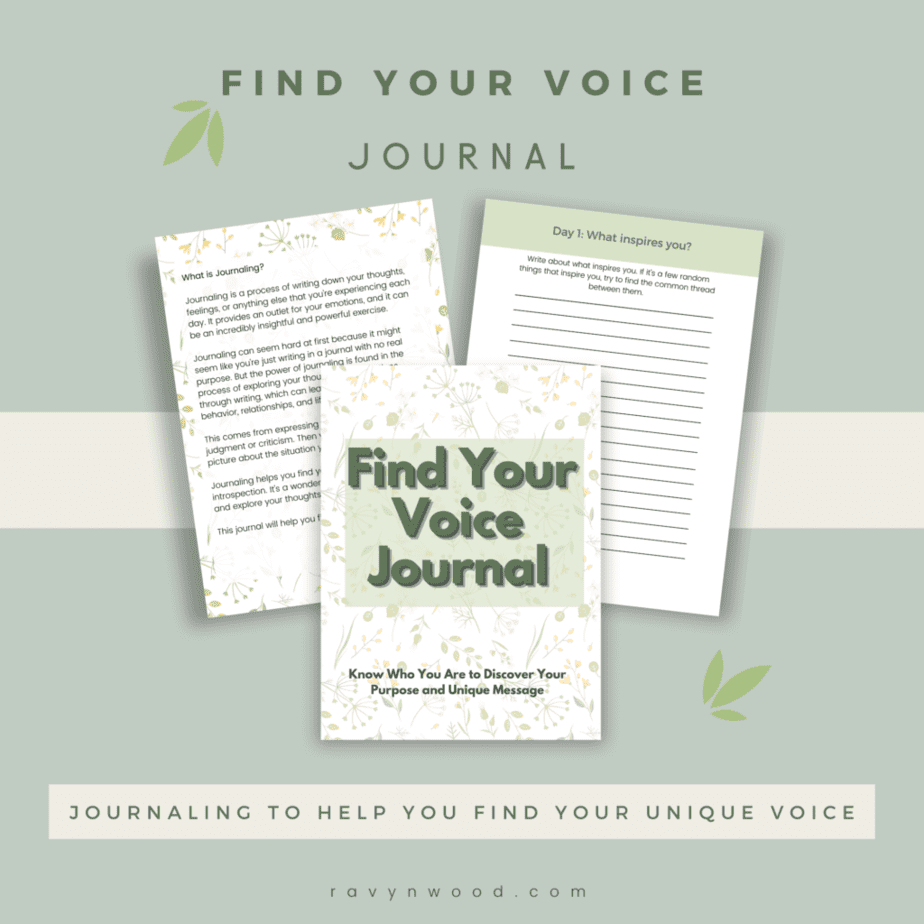 Shop - Find Your Voice Journal mock up with sample pages from this journal.