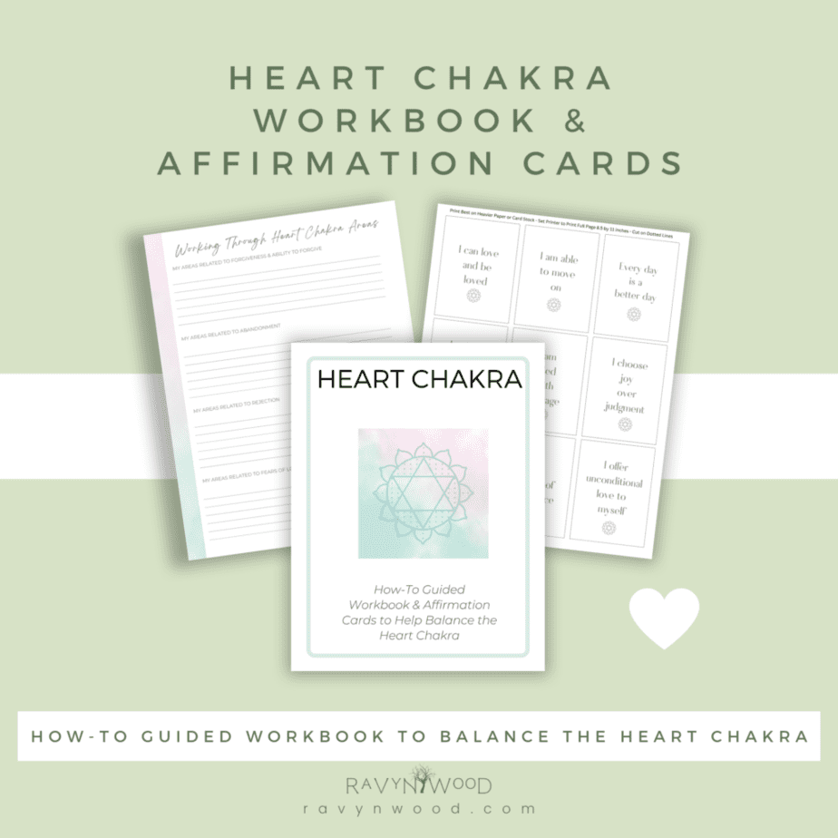 Printables Shop - Heart Chakra Workbook mock up with sample pages from workbook.
