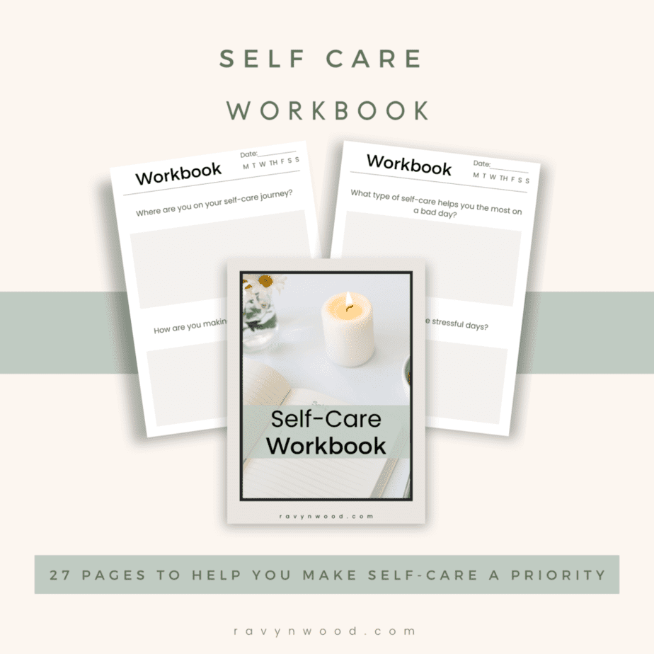 Printables Shop - Self-care workbook mock up with sample pages from the workbook.