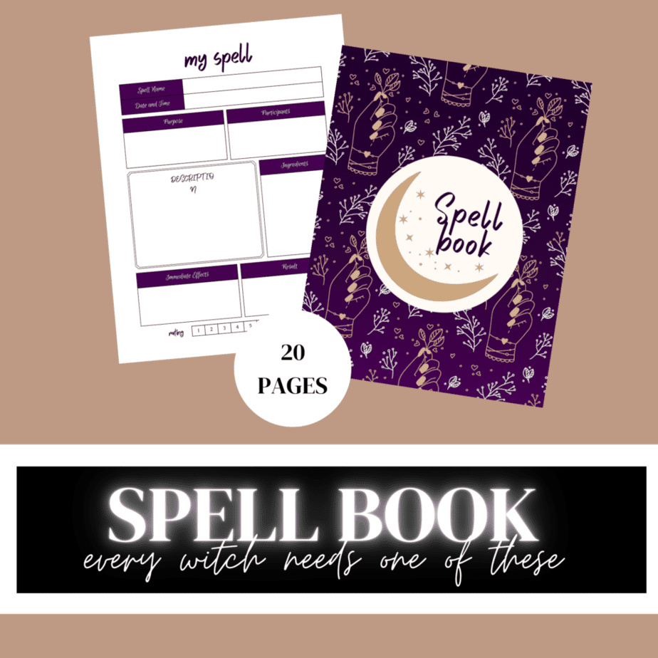 Printables Shop - mock up for spell book showing cover and a sample page.