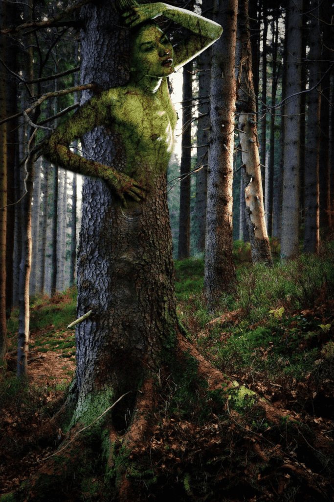 Image is a dryad image embedded in a tree and surrounded by forest.