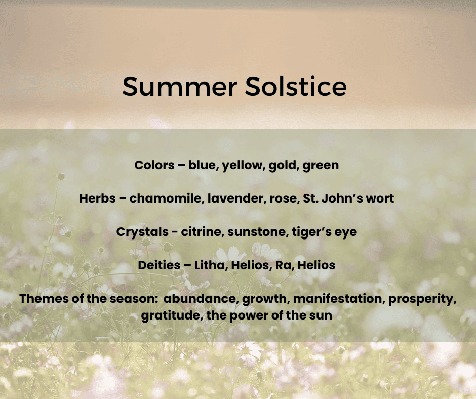 The Green Witch's Summer: Everyday Magick in June, July, and August 3 summer solstice associations for colors, herbs, crystals, deities and themes.