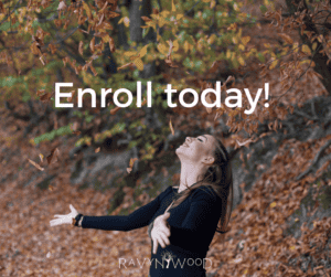 woman throwing leaves into the air with the words enroll today (for Ravynwylde - A Sacred Year Journey for the Solitary Green Witch) 