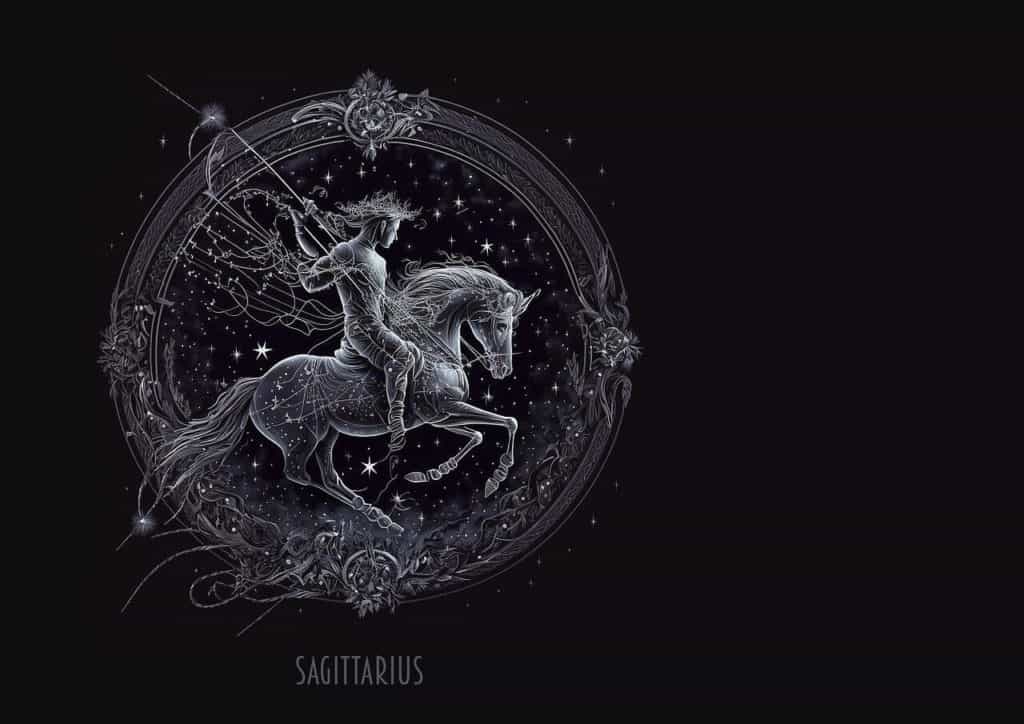 Zodiac symbol for Sagittarius in black and white, depicted as rider on a horse to symbolize the Sagittarius Full Moon.