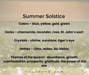 Summer solstice associations for colors, crystals, herbs, deities and themes. 