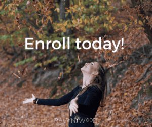 Ravywylde: A Sacred Year Journey of Reconnection, Transformation and Growth for the Solitary Green Witch 9 woman throwing leaves into the air with the words enroll today (for Ravynwylde - A Sacred Year Journey for the Solitary Green Witch)