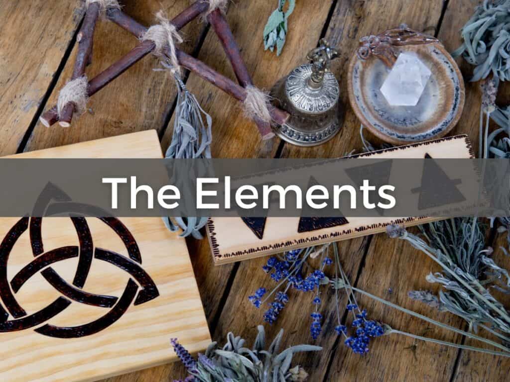 Triquetra, herbs and symbols for the four elements on an altar