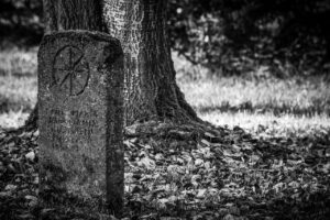 Single head stone in black and white image with a large tree trunk visible in the background. 