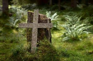 Simple wooden cross leaning against a tree stump surrounded by green grass and green ferns to symbolize an altar to honoring the ancestors 