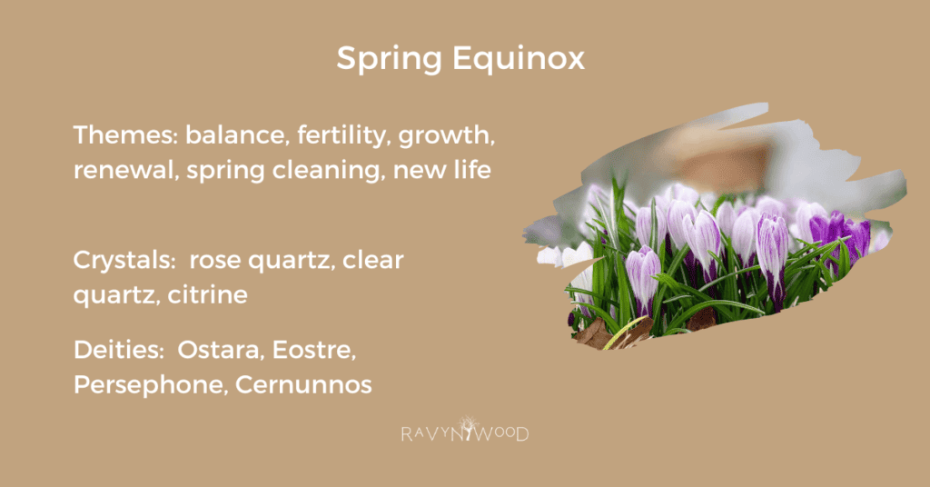 Themes, crystals and deities of Spring Equinox graphic