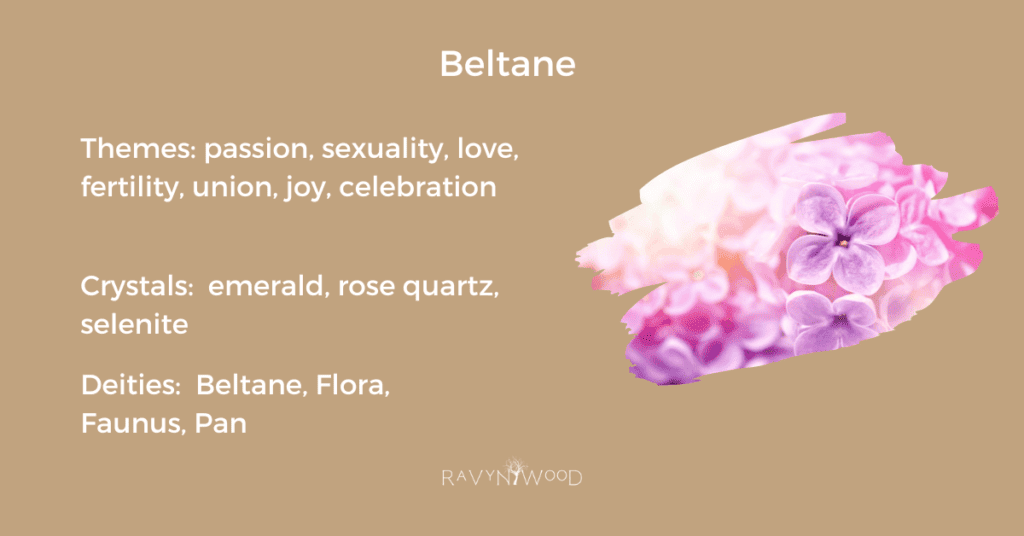 Themes, crystals and deities of Beltane graphic