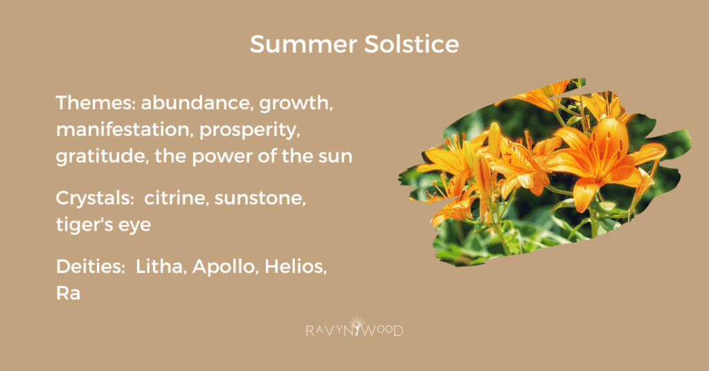 Themes, crystals and deities of Summer Solstice graphic.