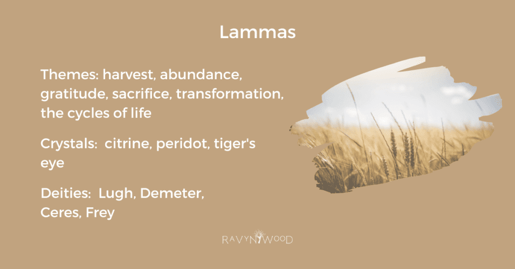 Themes, crystals and deities of Lammas graphic.