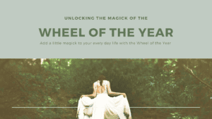 Unlocking the Magick of the Wheel of the Year cover image showing a woman in a white dress moving away from you into a forest. Wheel of the Year Magick sign up form.