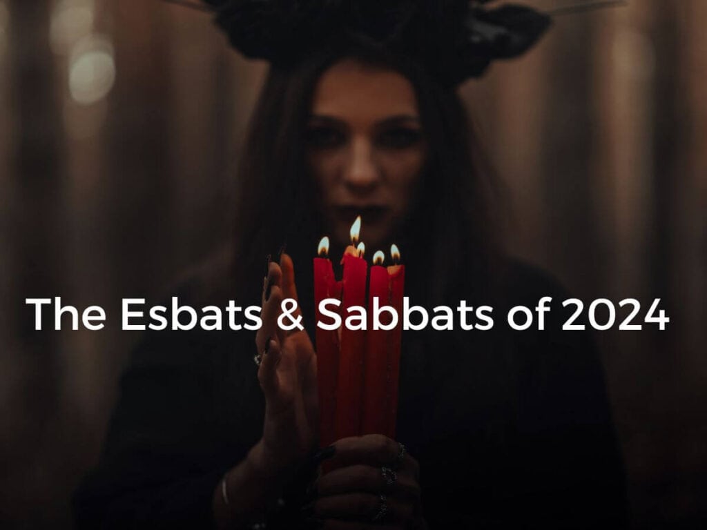 The Esbats & Sabbats of 2024 shown across an image of woman holding red candles that are burning. Dark background, mysterious.