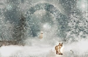 snowy scene with fox and rabbit. A stone arch and woman are in the background.