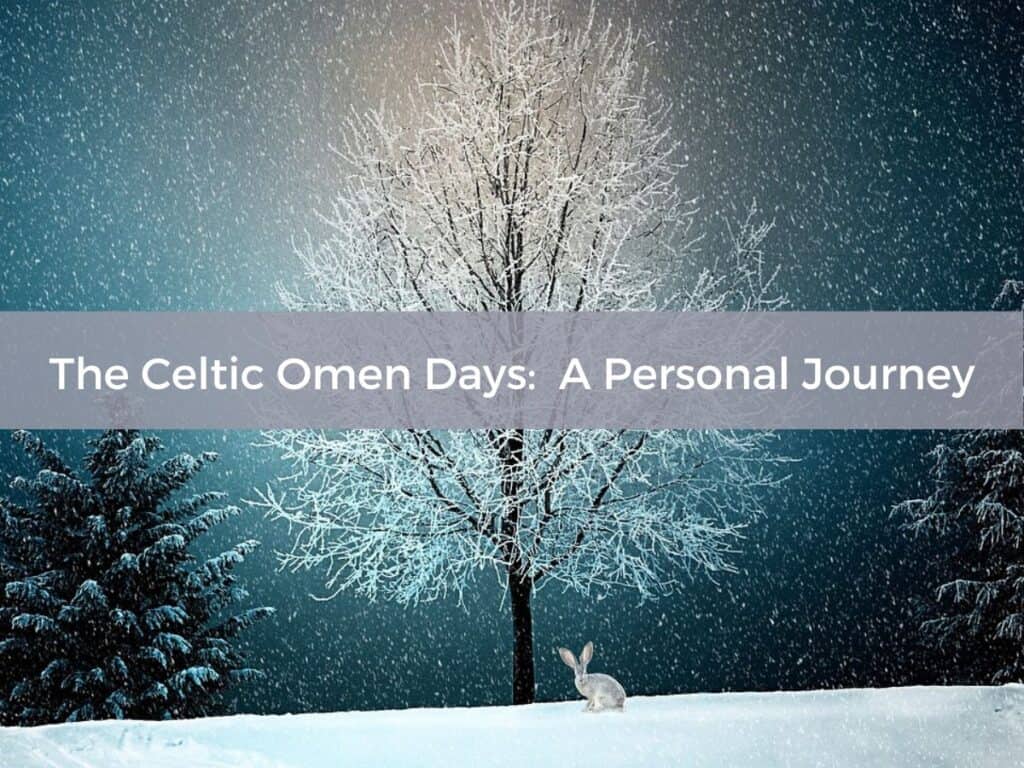 snow covered tree with bare branches set against a wintery backdrop with a rabbit at the base to represent the celtic omen days