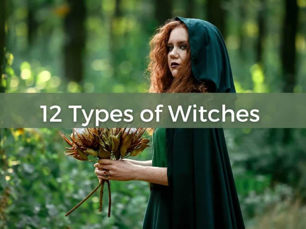 woman in a long green hooded cape, looking into the distance, surrounded by forest and holding a bouquet to depict 12 types of witches