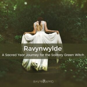 woman in white long dress walking away from camera into darkened forest for ravynwylde a sacred year journey for the solitary green witch course 