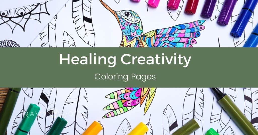 healing creativity, coloring page with hummingbird brightly colored with colored pencils laying around it