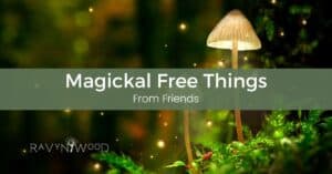 forest background with mushrooms that look like lamps emitting light. Magickal free things from friends depicted across image