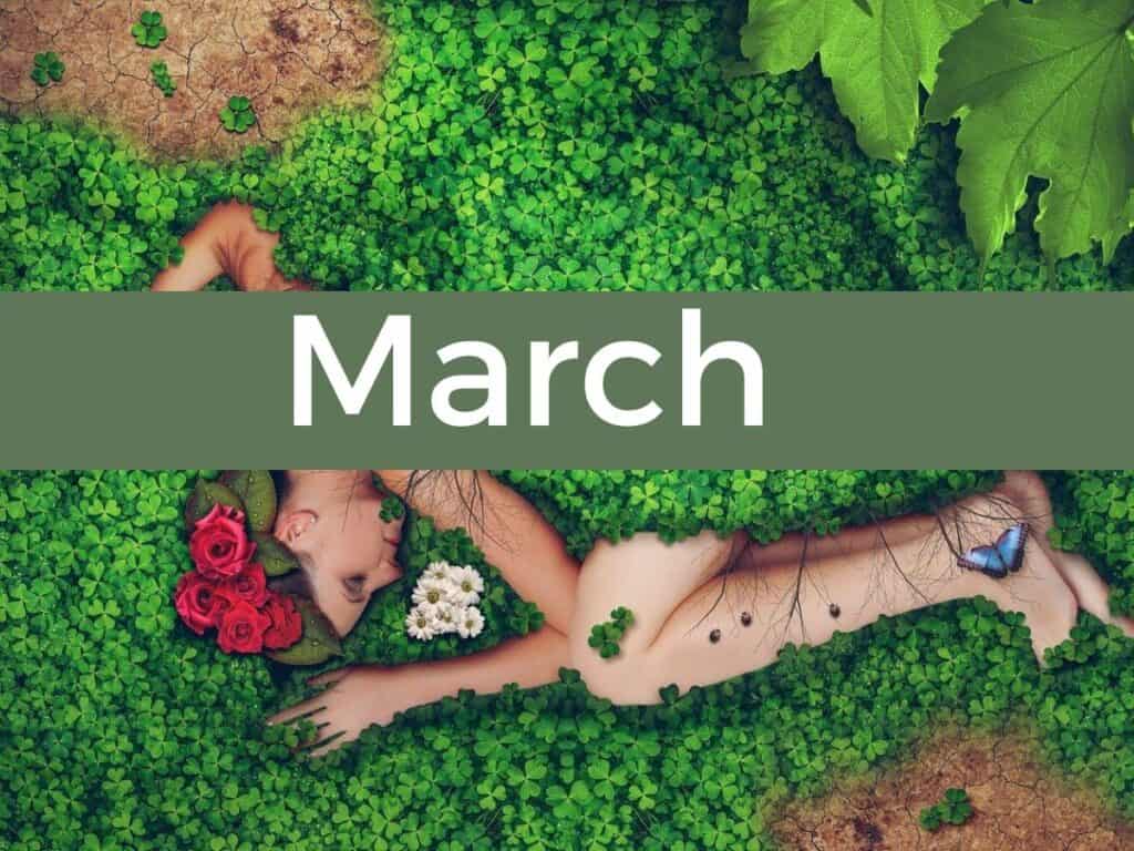 March depicted by a woman lying on the ground that's covered in shamrocks/clovers and wearing a flower crown.