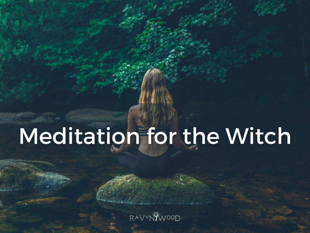 woman seated looking away from us on a dark forest background with meditation for the witch in text across image