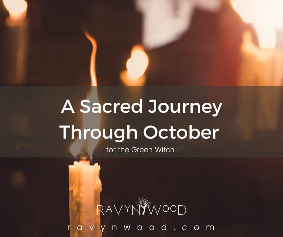 Samhain course called a sacred journey through October text with a dark background and a lighted candle.