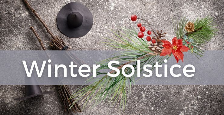 Winter Solstice Course image with witch hats, brooms and winter greenery on a glittery snow like background