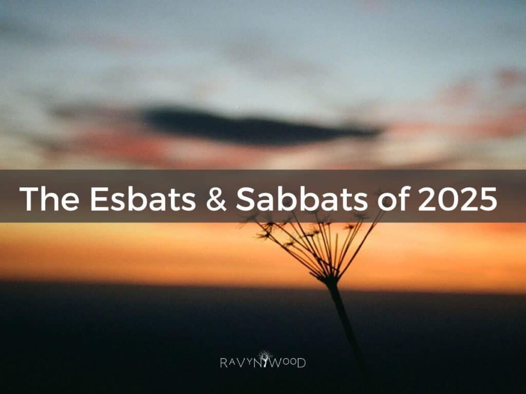 The Esbats & Sabbats of 2025 blog post header image with a weed silhouetted against a sunset