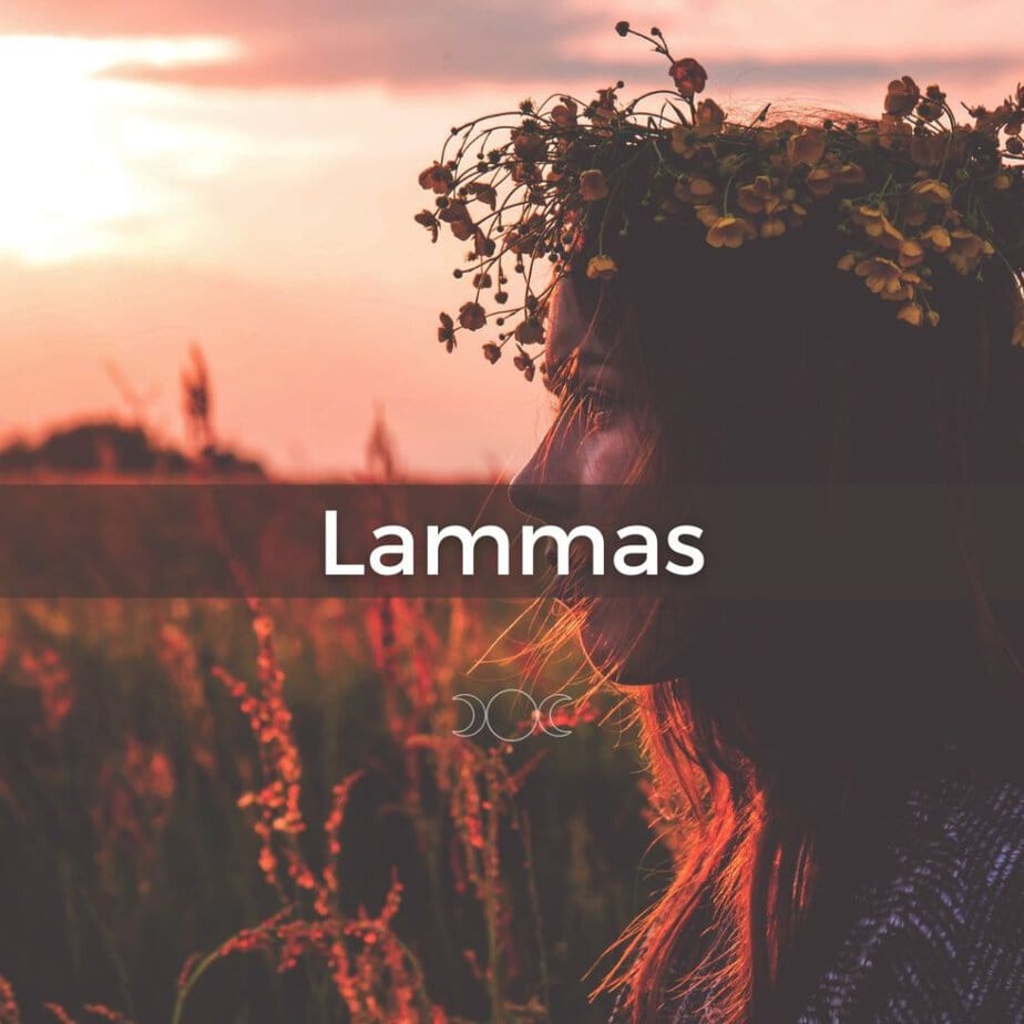 Celebrating Lammas - girl wearing a flower crown looking to the left in profile with a setting summer sun behind her