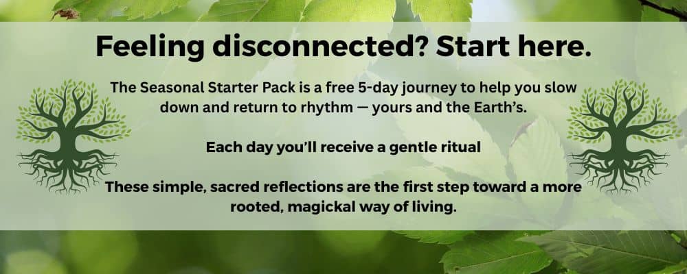 Journaling for the Witch: Easy Steps to Start Journaling Today 5 banner image with green leaves in background inviting you to the seasonal starter pack freebie. It's 5 days of ritual to reconnect to the rhythms of Mother Earth and yourself.