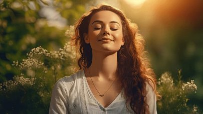 woman with eyes closed smiling. She has long dark curly hair and is on a natural background with trees. 