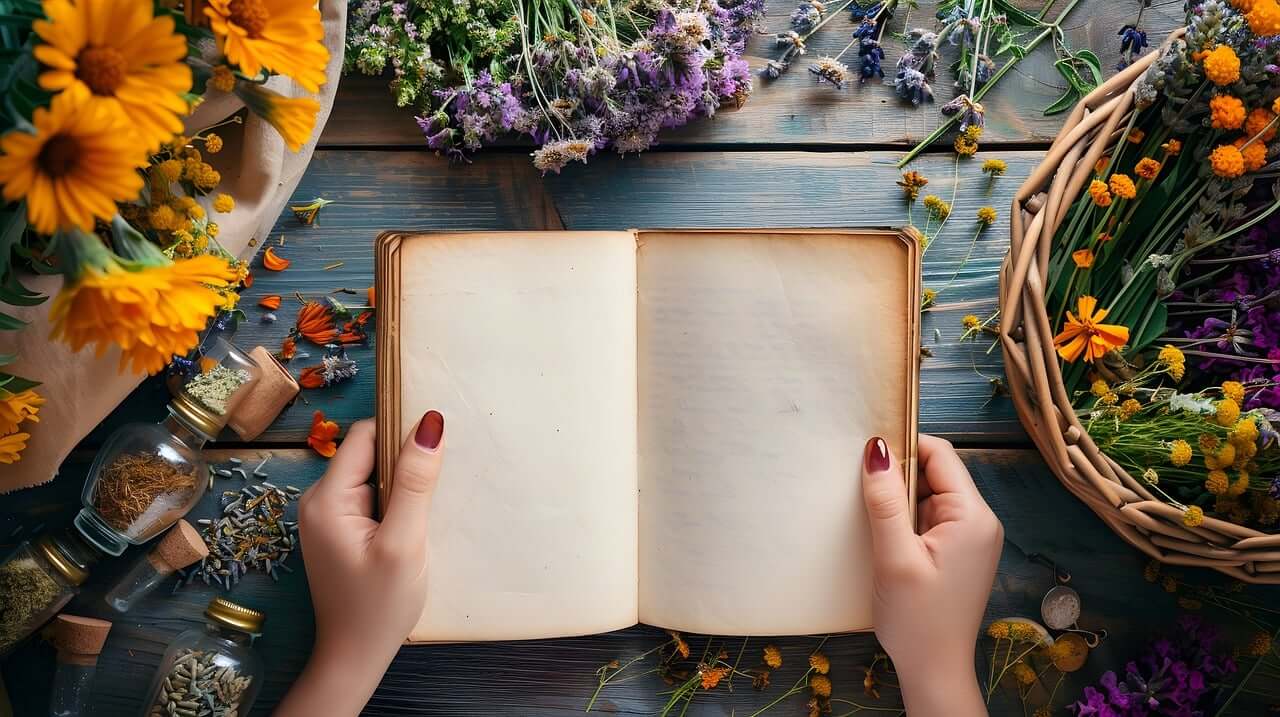 journaling. journal with hands holding it with flowers on a tabletop