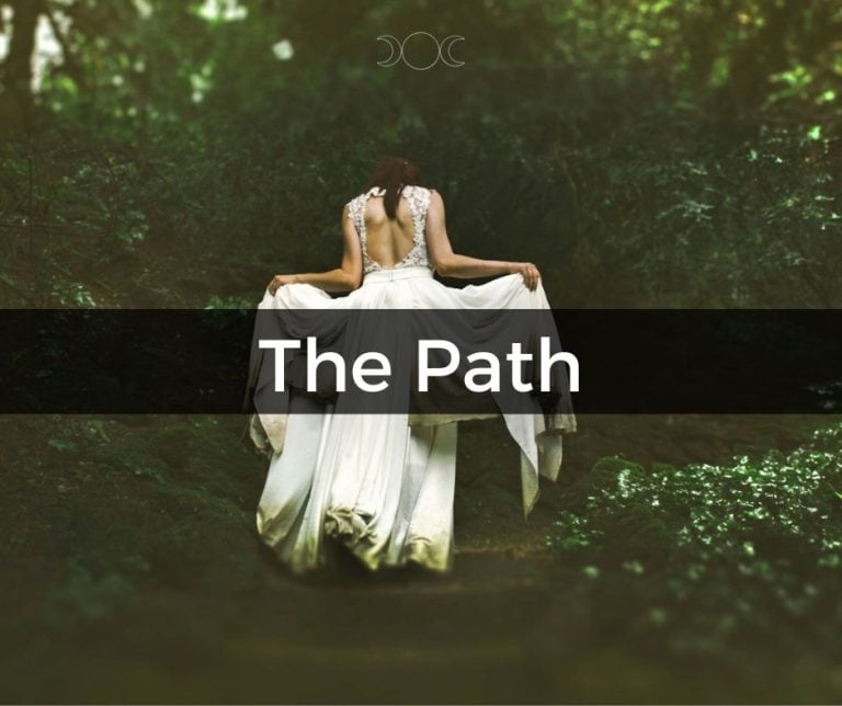 paid email newsletter called The Path Newsletter. woman walking away in a white gown into a dark forest.