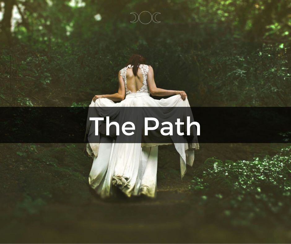 paid email newsletter called The Path Newsletter. woman walking away in a white gown into a dark forest.