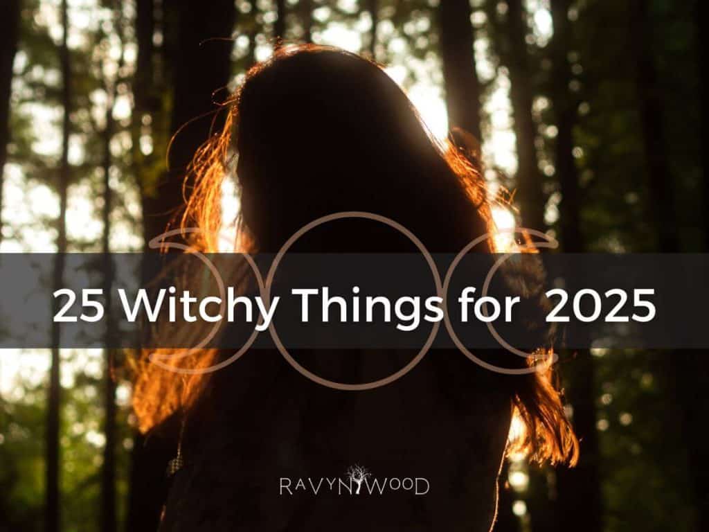 25 witchy things to do in 2025 with a silhouette image of a long haired woman looking away into the forest