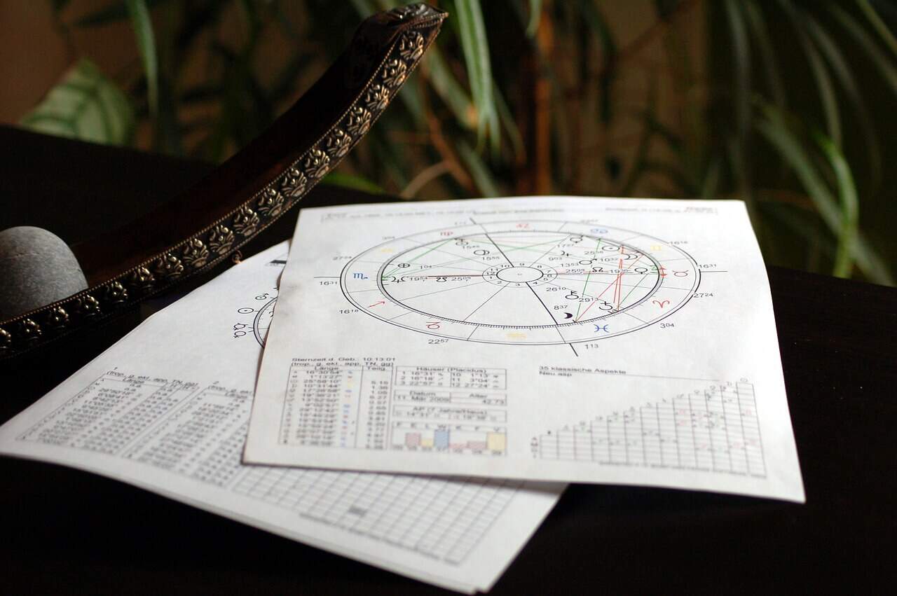 birth chart laying a dark wood table 