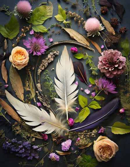 How to Work with Your Altar 3 feathers and flowers arranged into a mandala for manifesting