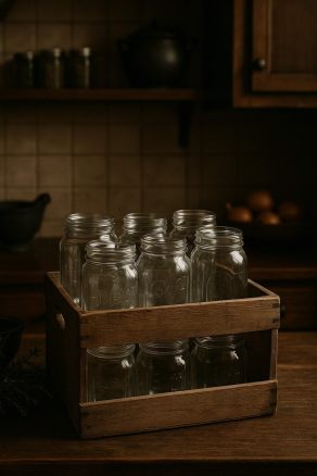 glass canning jars shown in a wooden crate sitting on a countertop. Image is a little mysterious with a darkened background.