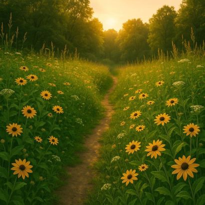 The Green Witch's Summer: Everyday Magick in June, July, and August 4 a pathway through a field surrounded by black eyed susans on a sunny summer day