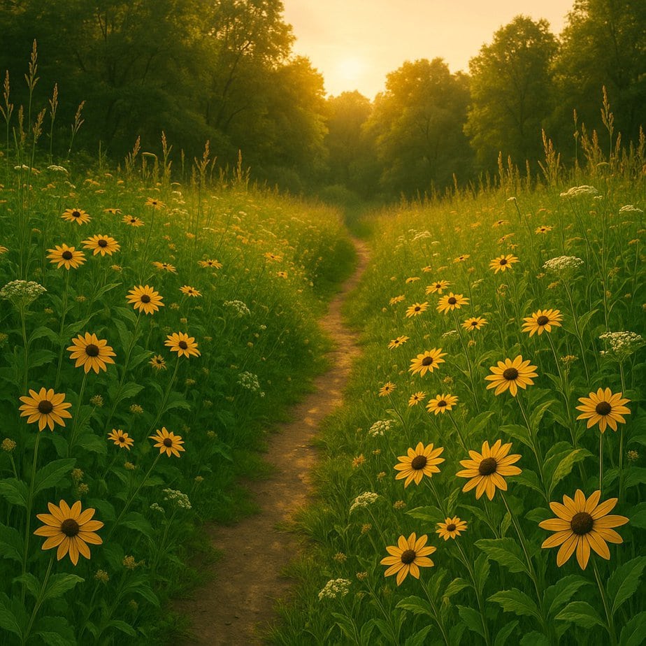 The Green Witch's Summer: Everyday Magick in June, July, and August 4 a pathway through a field surrounded by black eyed susans on a sunny summer day