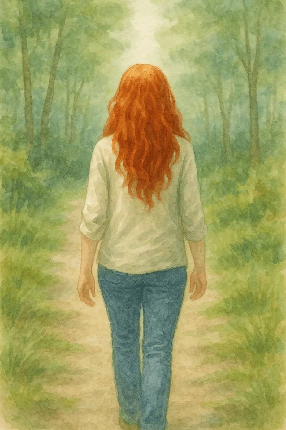 Witch, You Already Know: Rituals to Remember Your Power 3 woman walking away from you on a path throught the forest. Wearing casual clothing. She has red hair.