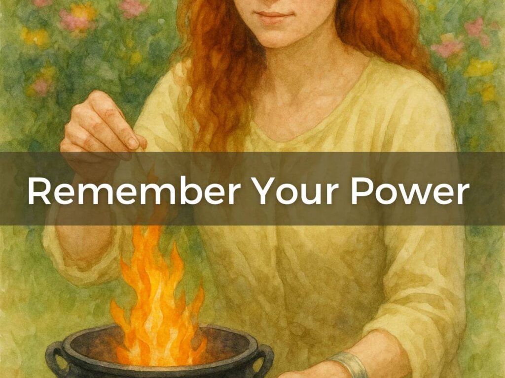 rituals to remember your power a red haired woman over a flame inside a cauldron sprinkling in herbs.