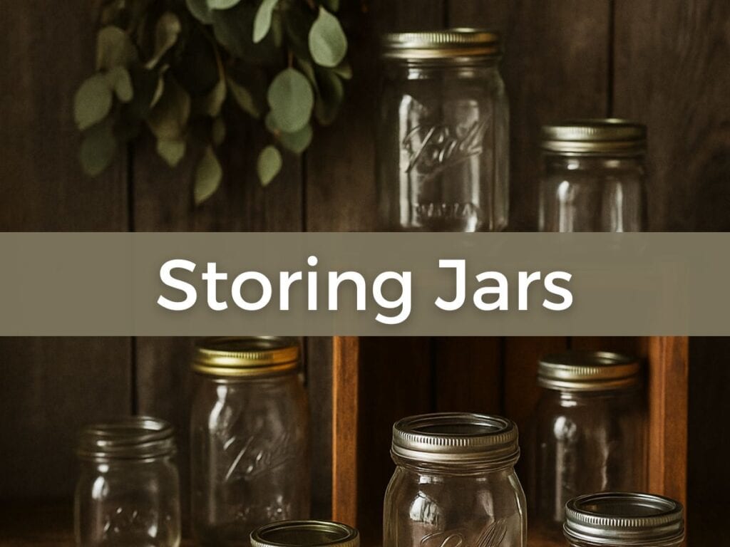 jars on a dark background with storing jars across the front, shows a wooden crate which is suggested as storage in the post